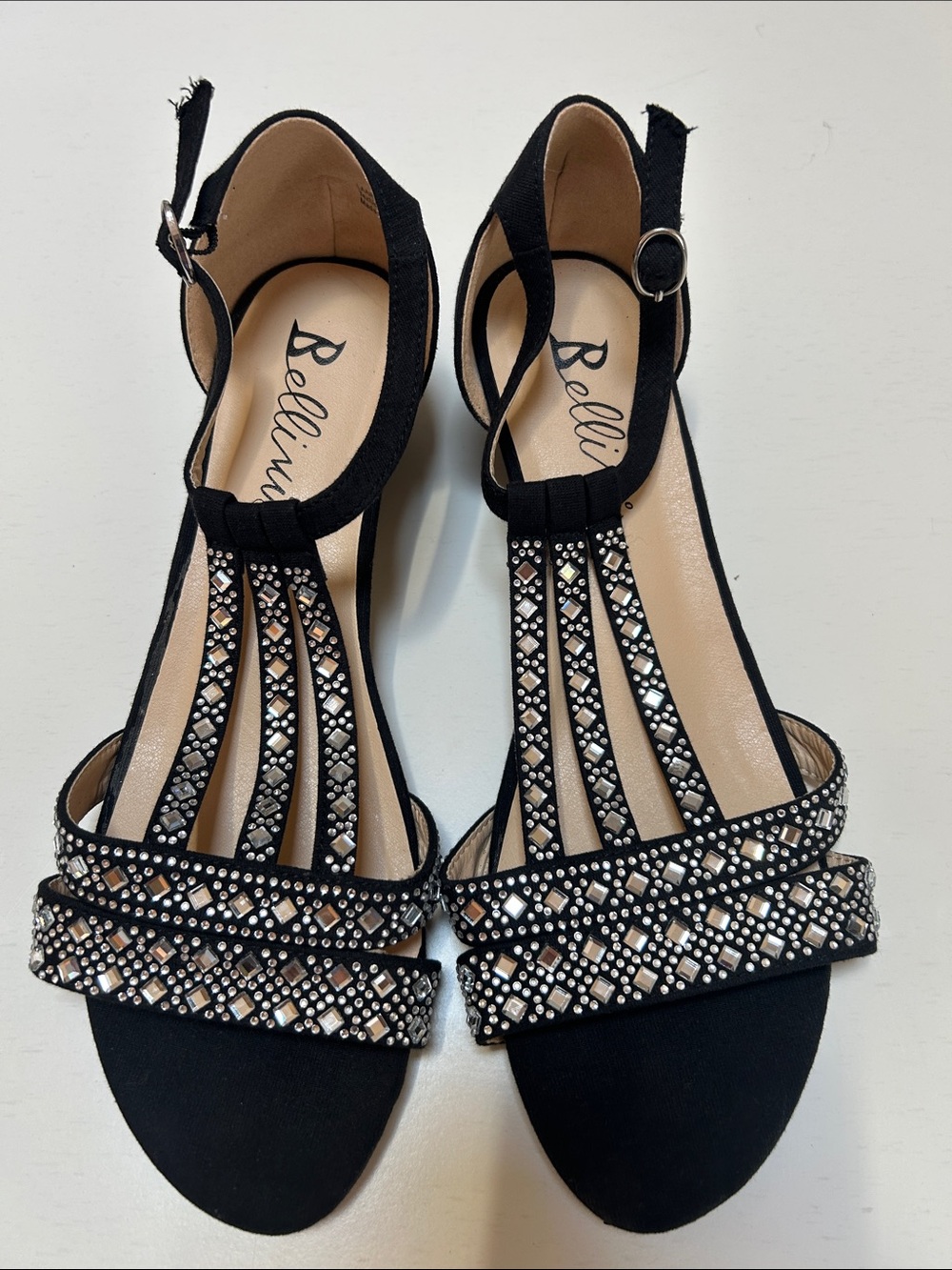Bellini Black T-Strap Crystal Embellished Sandals